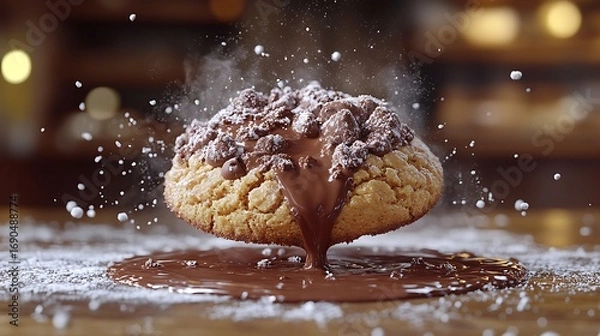 Fototapeta Exploding Chocolate Cookie Delicious Melted Chocolate Drips with Bakery Background.