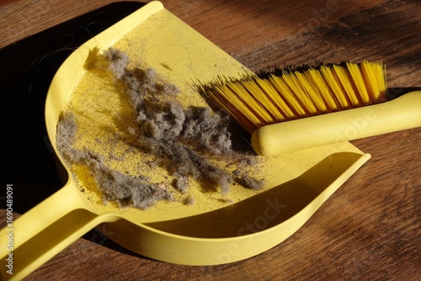 Fototapeta Used Dustpan and Brush with Swept Debris on Wooden Floor. yellow dustpan and brush set placed on a wooden surface, containing visible dust, hair, and debris. Ideal for use in cleaning product adverts.