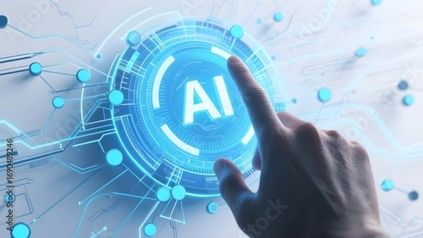 Obraz Hand interacting with a futuristic AI interface, symbolizing artificial intelligence technology.