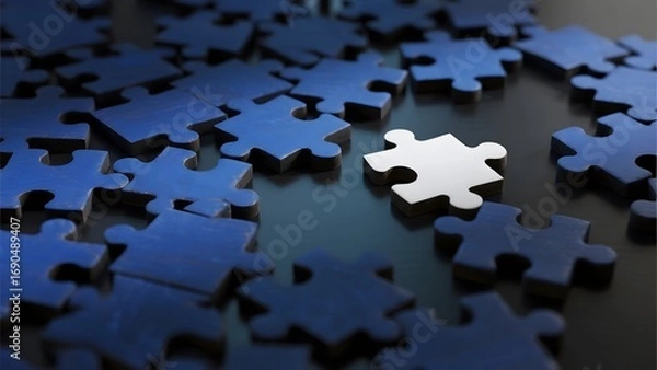 Fototapeta A single light puzzle piece surrounded by dark, incomplete puzzle pieces on a reflective surface.