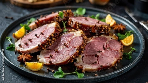 Fototapeta Clove studded ham slices arranged on dark slate platter with orange segments, microgreens and star anise, gourmet holiday presentation