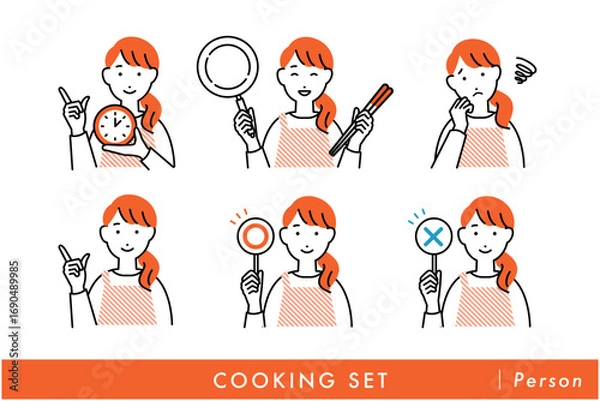 Obraz 料理をするエプロンを着た女性の人物イラストセット