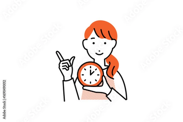 Fototapeta 時計を持った料理をするエプロンを着た女性の人物イラスト