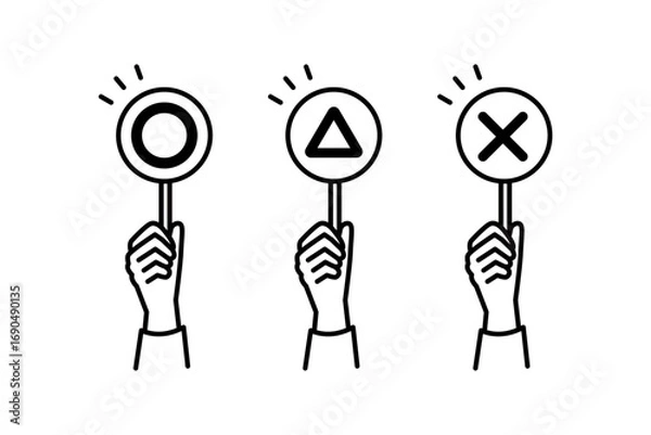 Obraz 丸とバツと三角の札を持った手イラスト モノクロ