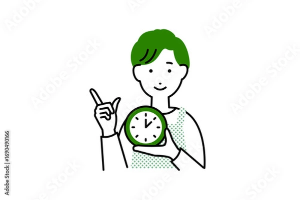 Fototapeta 時計を持った料理をするエプロンを着た男性主夫の人物イラスト