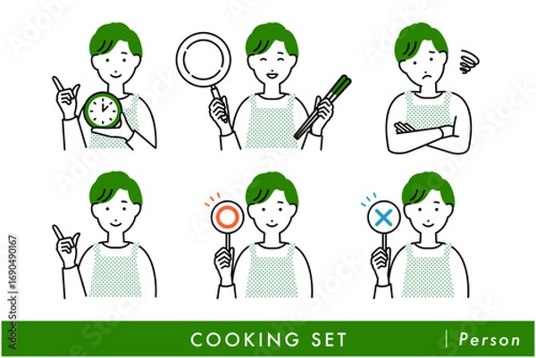 Obraz 料理をするエプロンを着た男性主夫の人物イラストセット