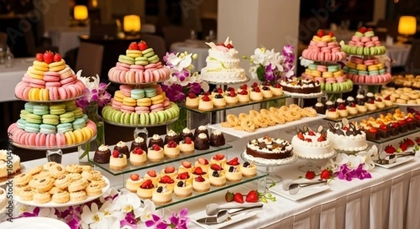 Fototapeta Lavish dessert buffet featuring colorful macarons, mini cakes, cupcakes, and delicate pastries arranged beautifully on tiered trays and platters—perfect for weddings, parties, and special occasions.
