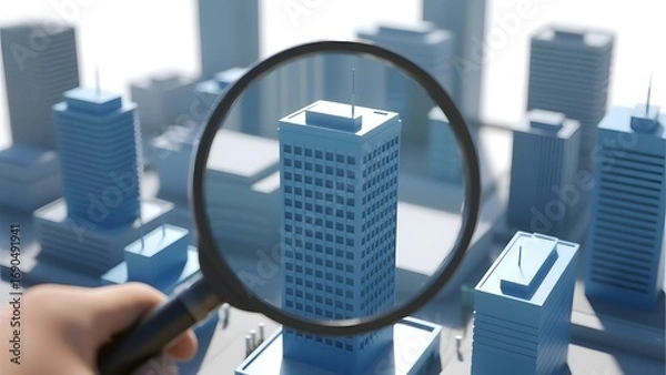 Fototapeta Hand holding a magnifying glass over a detailed model of a cityscape, focusing on a specific building.