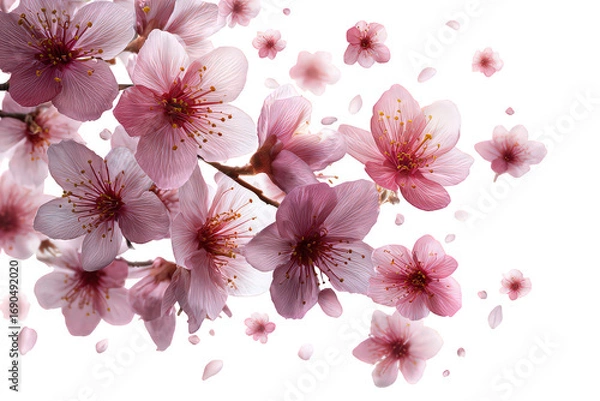 Obraz Pink Cherry Blossoms with Falling Petals on Black Background