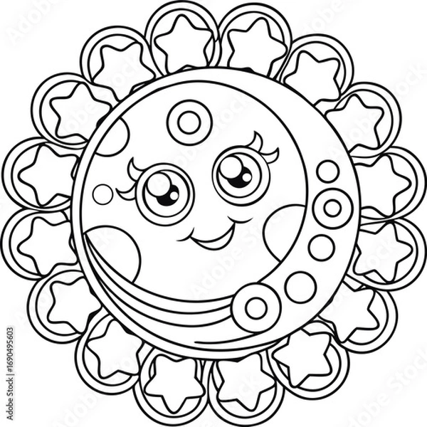 Fototapeta Outline of a crescent moon with smiling face and shining star beside it Vector illustration