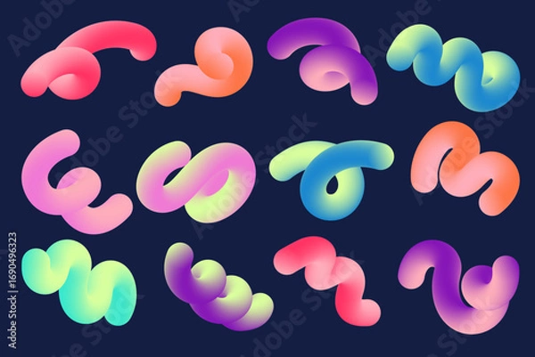 Obraz 3D gradient abstract shapes. Colored fluid wavy lines. Bright blended holographic elements on dark background. Swirl modern dynamic strokes. Vector trendy splashes