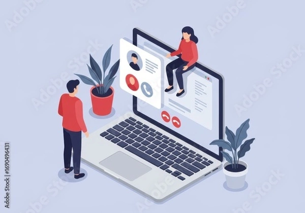 Fototapeta Isometric digital communication concept with people interacting on laptop