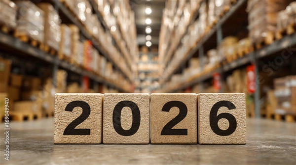 Fototapeta Wooden Blocks with Number 2026 in Warehouse Background