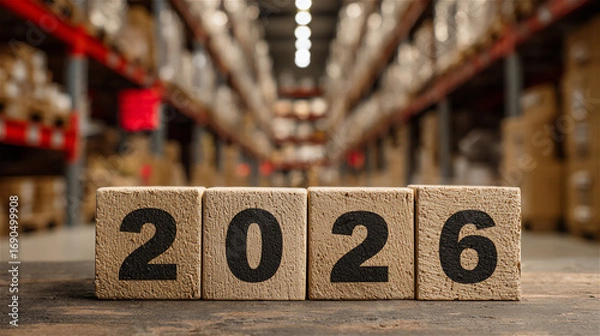 Fototapeta Wooden Blocks with Number 2026 in Warehouse Background