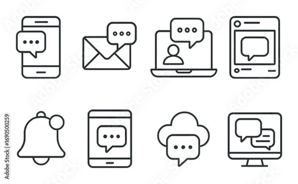 Fototapeta Set of communication icons: smartphone, laptop, cloud, envelope, notification, chat interfaces