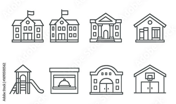 Fototapeta Simple outlines of community buildings and recreational spaces on a gradient background