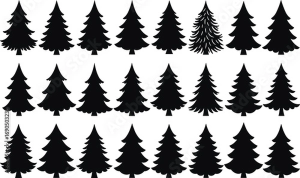 Fototapeta Christmas tree silhouettes set, black pine tree icons collection, festive vector evergreen shapes for holiday design and decoration