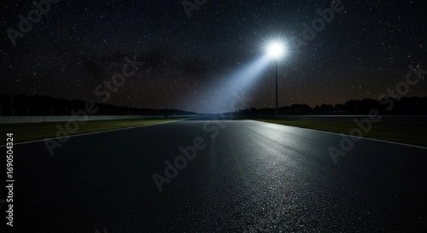 Fototapeta A dark, empty asphalt road stretches into the distance, illuminated by a single bright streetlight under a starry night sky.