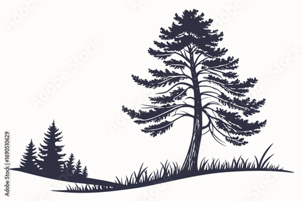 Fototapeta Vector art of pine tree silhouette on a hill with grass, , showcasing a peaceful natural scene and the contrast between light and shadow