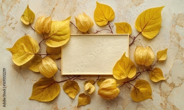 Fototapeta A white sign is placed in the middle of a yellow leafy background