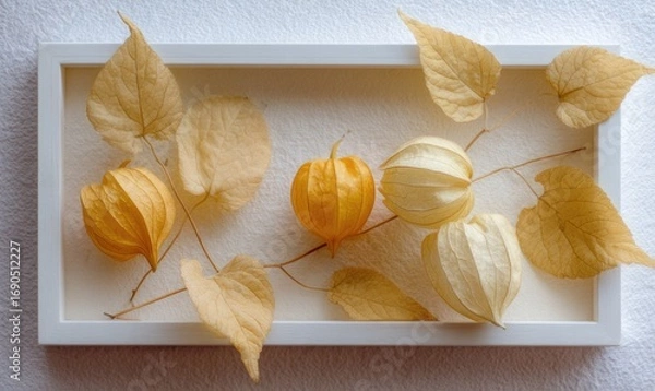 Fototapeta A white frame with yellow and white flowers and leaves
