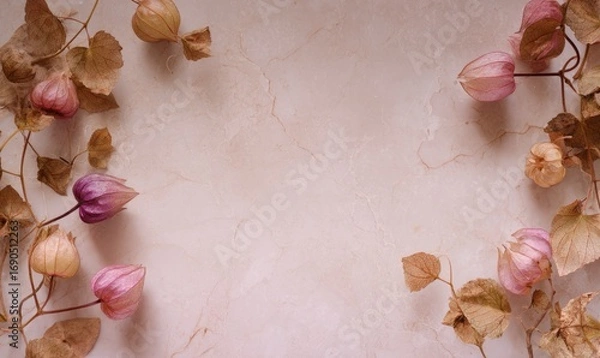 Fototapeta A close up of a flower arrangement with a pink background