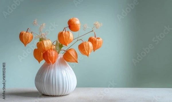 Fototapeta A vase of orange flowers sits on a table