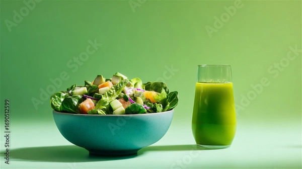 Fototapeta Fresh Green Salad Bowl with Healthy Green Juice on Gradient Background