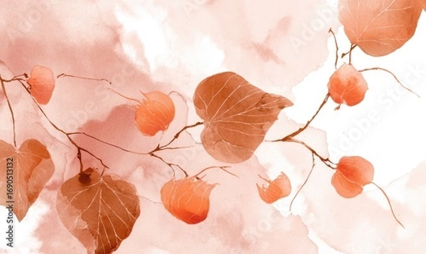 Fototapeta A painting of a branch with orange leaves and orange flowers