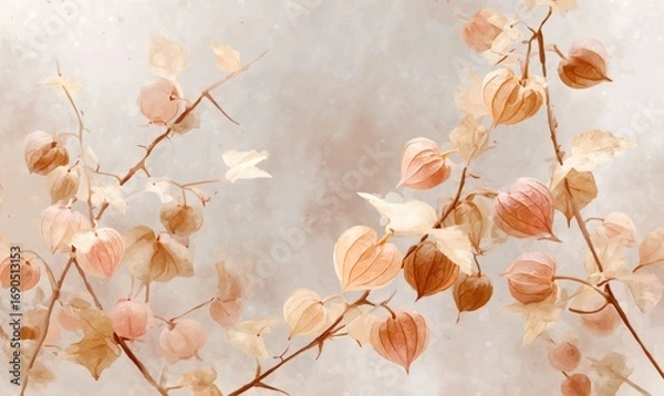 Fototapeta A painting of a branch with orange flowers on it