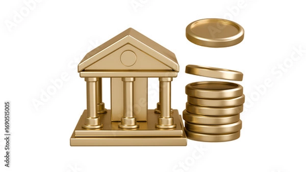 Obraz 금 재질의 은행 건물 모델링과 쌓여져 있는 금화 동전