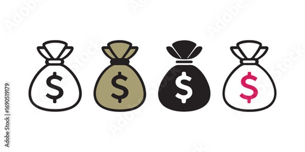 Fototapeta Money Bag Icons – Minimalist Dollar Sack Symbols in Multiple Styles and Colors for Finance, Banking, Investment, Budgeting, Wealth Management, Business Growth, and Economic Planning Graphics


