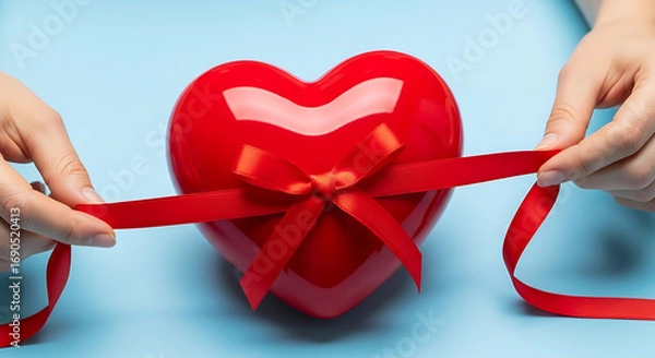 Fototapeta A woman's hands tying a decorative red ribbon bow around a shiny heart, symbolizing a gift of love, care, or charity on a blue background