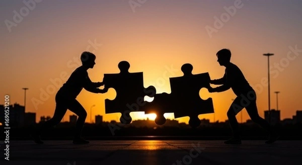 Fototapeta Two figures connect large puzzle pieces against a vibrant sunset, symbolizing teamwork and collaboration.