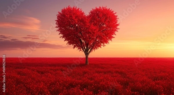 Fototapeta A tree with red leaves shaped like a heart stands in a field at sunset.