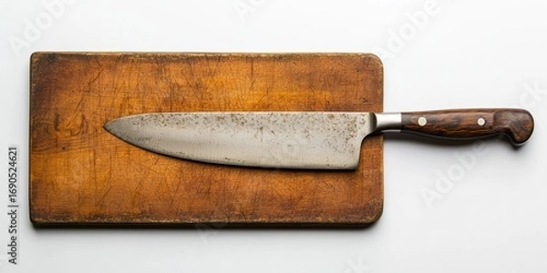 Fototapeta A large, well-used chef's knife rests on a weathered wooden cutting board. The knife has a silver-colored blade and a dark brown wooden handle with a bolster.