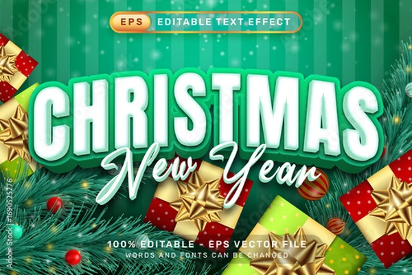 Obraz Merry Christmas New Year 3D Text Effect, Editable Holiday Typography, Festive Christmas And New Year Font With Christmas and Givebox Background