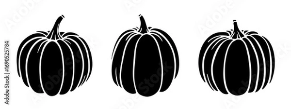 Fototapeta Pumpkins set, black silhouette isolated on white. Pumpkins of different shape, black imprint of drawing or stencil shape. Vector or png clipart for autumn harvest illustration, products label design.