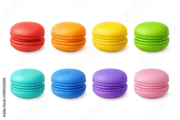 Fototapeta A Vibrant Display of Colorful Macarons Arranged in a Perfect Row, Showcasing Their Delicate Textures and Glossy Finishes Against a Soft Gradient Background isolated on white or transparent png