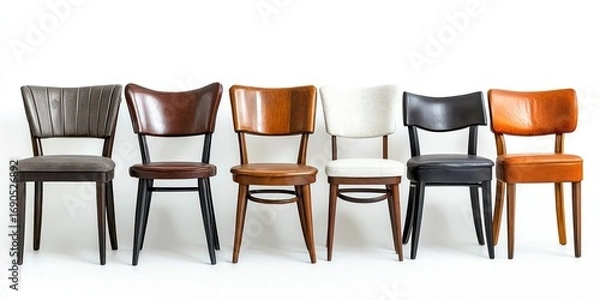 Fototapeta Five dining chairs are arranged in a row against a white wall. The chairs vary in color and material, including gray leather, brown wood, beige fabric, black leather, and reddish-brown wood. 