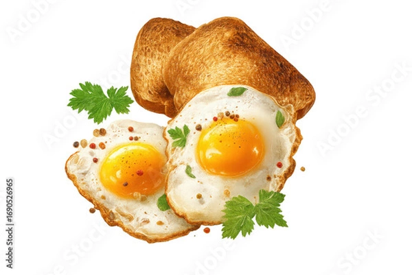 Fototapeta Deliciously Cooked Eggs with Perfectly Golden Yolks Served Alongside Crispy Toast, Garnished with Fresh Herbs and a Touch of Spice isolated on white or transparent png