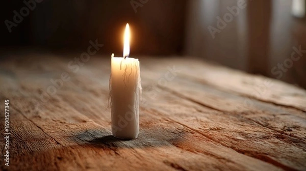 Obraz Lit wax candle on rustic wood surface, light and shadow play, soft focus and warmth