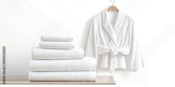Fototapeta A fluffy white bathrobe and a stack of neatly folded white towels are arranged on a light wooden shelf against a plain white wall. The bathrobe is draped over a wooden hanger and tied at the waist. 