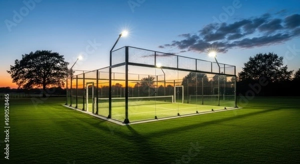 Fototapeta Illuminated padel court at dusk, surrounded by green grass and trees, with a beautiful sky.