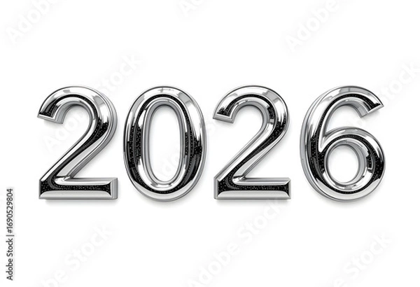 Fototapeta 2026 Chrome Digits in Glossy Metallic Style Reflective 3D Numbers for New Year Celebration