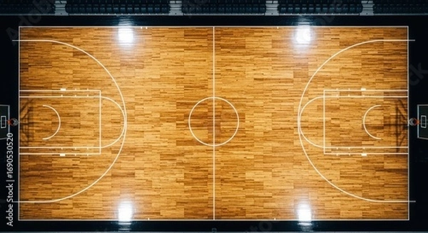 Fototapeta Overhead view of a basketball court with wooden floor, white lines, and bright overhead lights.