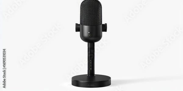 Fototapeta A sleek, black microphone stands on a simple, black base. The microphone has a circular mesh covering and a small, circular button on its side. The microphone is positioned on a white surface