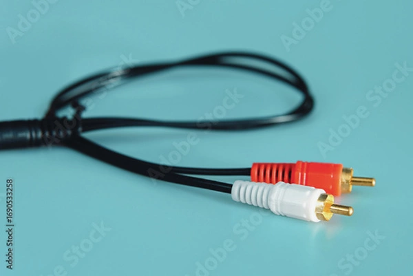 Fototapeta RCA audio cable with red and white connectors, a common accessory for connecting sound and video devices.