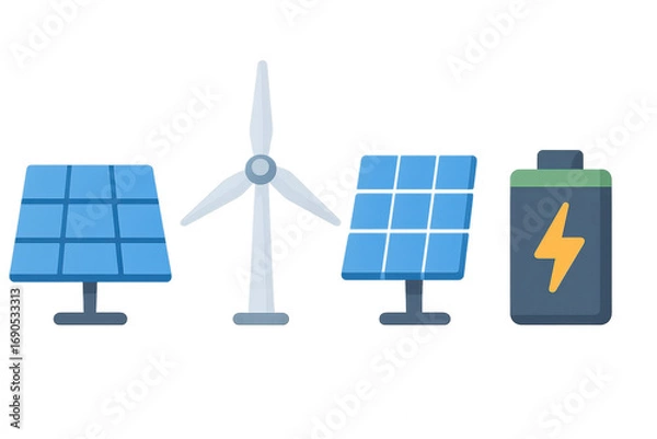 Fototapeta Exploring Sustainable Energy: An Artistic Representation of Solar Panels, Wind Turbines, and Energy Storage Solutions for a Greener Future isolated on white or transparent png