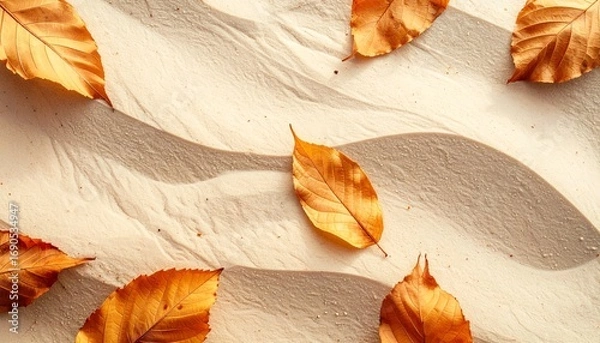 Obraz Autumn leaves resting on soft textured sand surface